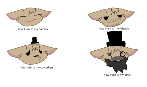 (main image) four identical cats, each of them wearing different expressions. All cats have light tan fur as the base coat with two dark brown lines on the sides of each of the black eyes. a dark brown 'M' is on the forehead. the inner ears, nose, and tongue. the second cat has black stubble on it's face. the third has a small black tophat and small black mustache. the fourth has a dark grey beard and light grey mustache. it is wearing a large black tophat and small black specticale. (description drawing) the cat is the same as the others, but with dark red eyes, an annoyed expression on its face, and an open mouth with white teeth and pink tongue. the black is the inside of the mouth.    